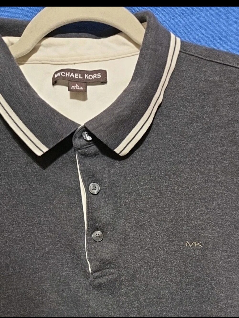 Michael Kors Men's Polo Shirt Gray Short Sleeve Button Collared Size L Gray Logo - Picture 2 of 7